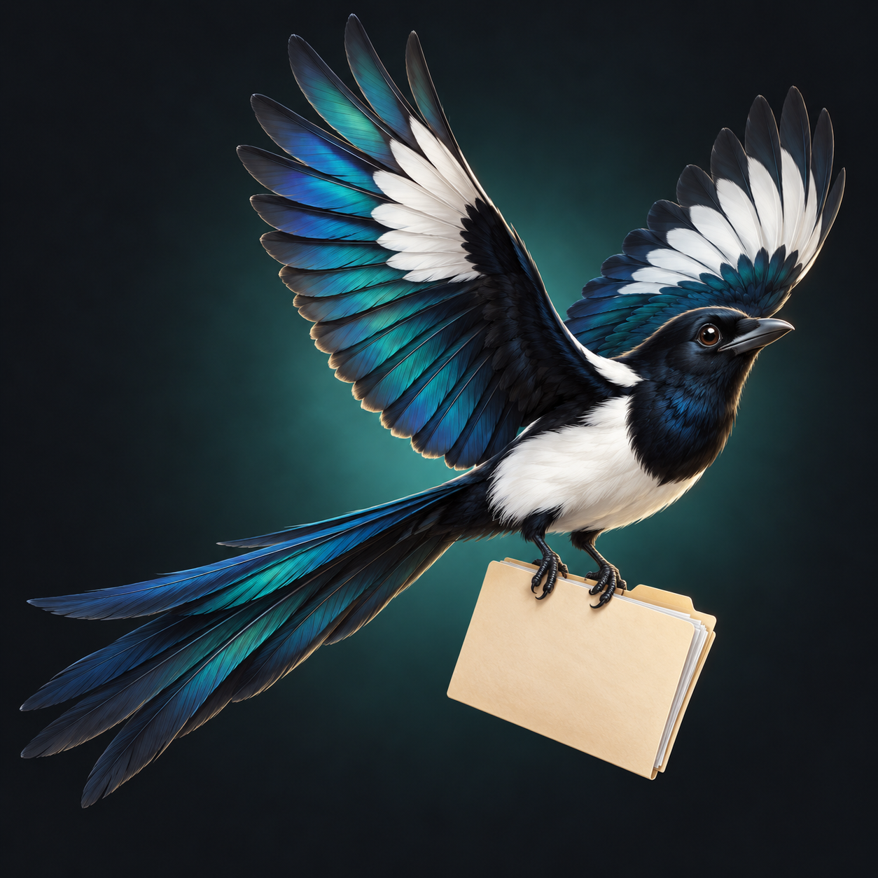 Ren the magpie takes flight, carrying a folder in its claws.